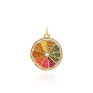 18K Gold Filled Fruit Charm,Micropavé CZ Lemon Slice Pendant, Orange Pendant, Enamel Charm,DIY Jewelry Making Supplies,21x16x1.5mm