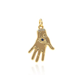 18K Gold Filled Hand Pendant, Hand Evil Eye Pendant, Micropavé CZ Hamsa Charm, Slap Pendant, DIY Jewelry Making Supplies, 21x13x2mm
