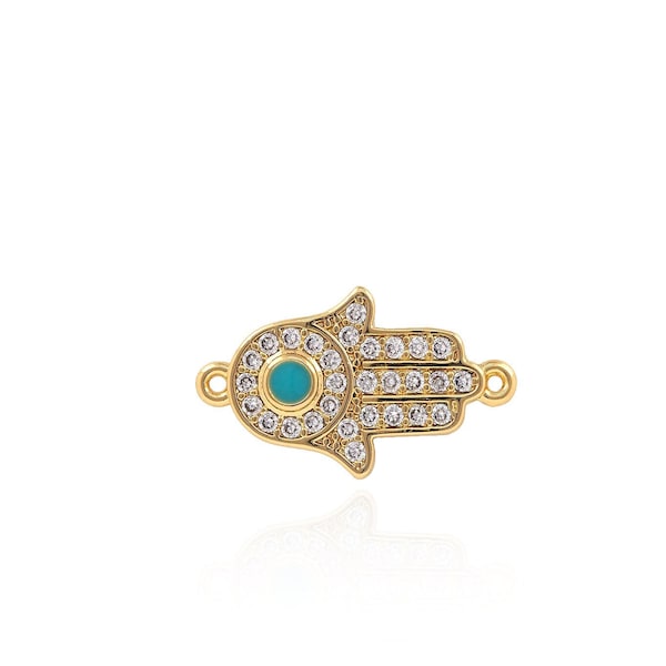 18K Gold Filled Hand Connector,Hamsa Connector,Eye Connector,Micropavé CZ Evil Eye Connector, DIY Jewelry Supplies,13.5x22x2.5mm