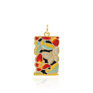 Micropavé CZ Ciondolo Farfalla, Ciondolo Rettangolare, Ciondolo Insetto Smaltato, Ciondolo Dipinto Ad Olio Riempito Oro 18K, Forniture Di Gioielli Fai Da Te, 26x13x1.7mm