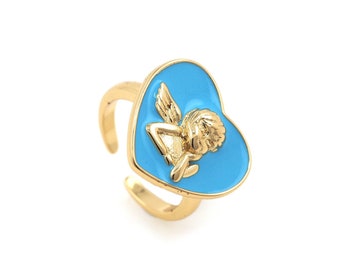 Heart Ring, Angel Ring,Signet Ring, Gold Open Ring, 18K Gold Filled Enamel Ring,Adjustable Ring, Love Ring, Everyday Ring,Enamel Charm