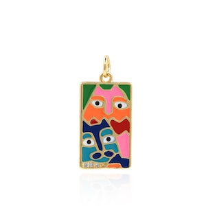 Ciondolo Rettangolare, Ciondolo Smaltato, Ciondolo Dipinto Ad Olio Riempito In Oro 18 Carati, Ciondolo Viso Micropavé CZ Cartoon, Forniture Gioielli Fai Da Te, 26x12x1.8mm