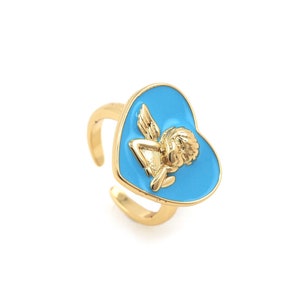Heart Ring, Angel Ring,Signet Ring, Gold Open Ring, 18K Gold Filled Enamel Ring,Adjustable Ring, Love Ring, Everyday Ring,Enamel Charm