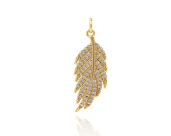 Feather Charm, 18K Gold Filled Feather Jewelry, Micropavé CZ Feather Pendant, Feather Necklace, DIY Jewelry Supplies, 24*9*1.8mm