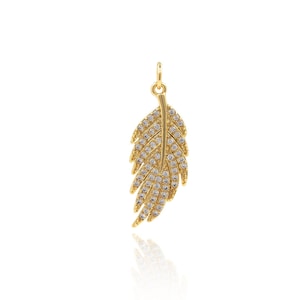 Feather Charm, 18K Gold Filled Feather Jewelry, Micropavé CZ Feather Pendant, Feather Necklace, DIY Jewelry Supplies, 24*9*1.8mm