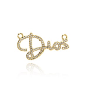 Charm Dios con micropavé de circonita cúbica, charms con letras bañadas en oro de 18 quilates, charms del alfabeto, colgante Dios, suministros de joyería para hacer tú mismo, 28 x 16,3 x 2 mm