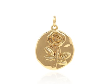 18K Gold Filled Flower Necklace, Round Pendant, Rose Flower Charm, Coin Necklace, Flower Charm, DIY Jewelry Making Supplies, 24.5x18x2.5mm