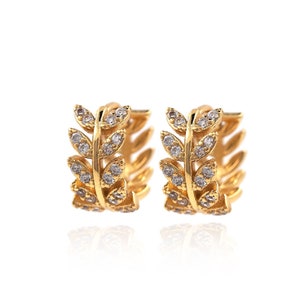 Plant Earrings, 18K Gold Filled Branch Earrings,Micropavé CZ Leaf Earrings, Gold Earrings,Dainty Earrings, Pierced Earrings,12.5x14x6.5mm