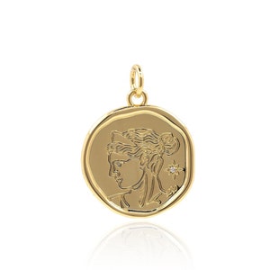 18K Gold Filled Girl Pendant, Micro pavé CZ Round Woman Face Necklace,Figure Pendant,Girl Portrait Pendant, DIY Jewelry Supplies,33x25x2mm