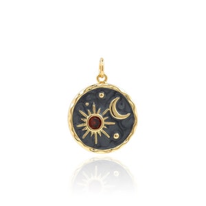 18K Gold Filled Round Sun Charm, Micropavé CZ Moon Necklace, Enamel Moon Sun Pendant, Sun Necklace, DIY Jewelry Making Supplies,24x18x2.8mm