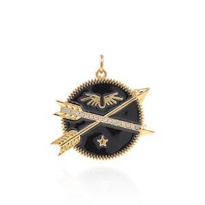Arrow Necklace, 18K Gold Filled Archery Pendant, Good Luck Charm, Micropavé CZ Round Charm, DIY Jewelry Supplies, 27.5x28x2.5mm