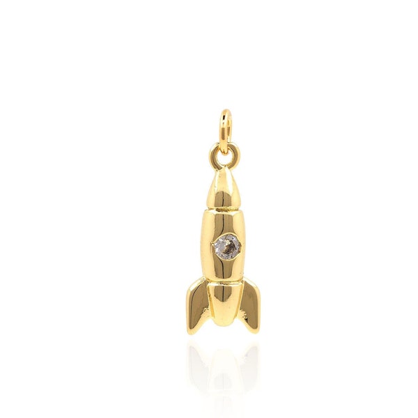 Rocket Pendant, 18K Gold Filled Rocket Charm, Space Charm, Micropavé CZ Universe Necklace, Gift For Her，DIY Jewelry Supplies, 24.5x8x4.5mm