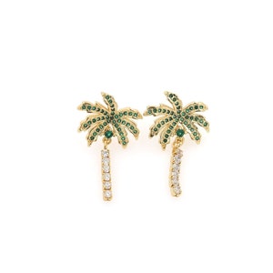 1 Pair, Palm Trees Earrings, 18K Gold Filled Coconut Tree Earrings, Coconut Tree Stud Earrings, Micropavé CZ Plant Earrings, 16x3.2x2.6mm