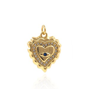 18K ゴールドフィルド ハートアイネックレス、アイペンダント、マイクロパヴェ CZ ラブチャーム、ハートペンダント、イーブルアイチャーム、DIY ジュエリー用品、19x14x2.7 mm