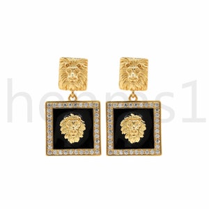 Micropavé CZ Lion Stud Earrings, 18K Gold Filled Enamel Earrings, Square Earrings, Rectangular Earrings, DIY Jewelry Supplies, 32x18mm
