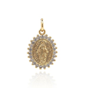 Oval Pendant, 18K Gold Filled Virgin Mary Charm, Micropavé CZ Virgin Necklace, Gift For Her, DIY Jewelry Making Accessory, 20x12x2.5mm