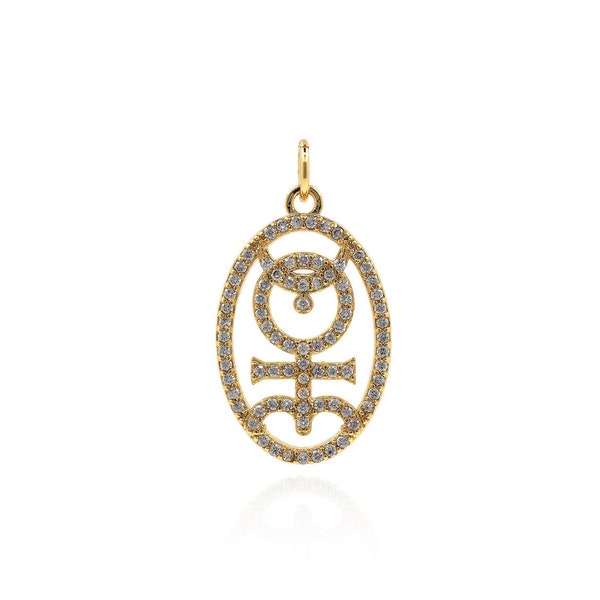 Monas Hieroglyphics Pendant, 18K Gold Filled Oval Pendant, Micropavé CZ Figure Pendant, DIY Jewelry Making Supplies, 26x14x2mm