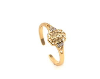 Anillo vintage, anillo religioso lleno de oro de 18 quilates, encanto religioso Micropavé CZ, anillo de la Virgen María, anillo ajustable, anillo abierto, anillo de medalla