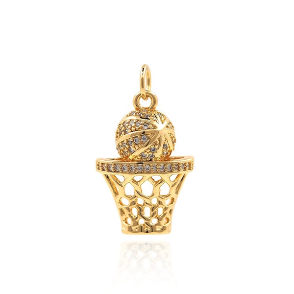18K Gold Filled Basketball Pendant, Sports Pendant, Micropavé CZ Basket Pendant, Basketball Charm, DIY Jewelry Making Supplies, 24.*14*4.2mm