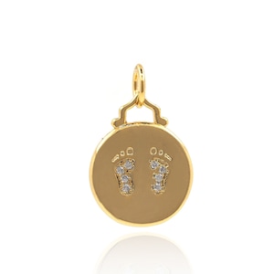 Round Pendant, 18K Gold Filled Footprint Necklace, Micropavé CZ Footprint Charm, Footprint Pendant,DIY Jewelry Supplies,18.5x12x1.7mm