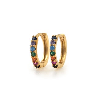 Brincos minimalistas preenchidos com ouro 18K, brincos perfurados, brincos redondos, pingente de brinco, brincos de diamante colorido micropavé CZ, 12,5x14x2mm