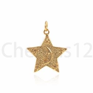 Moon Face Pendant, Pentagram Charm, Micropavé CZ North Star Necklace, Crescent Moon Charm, Crescent Moon Necklace, DIY Jewelry Supplies