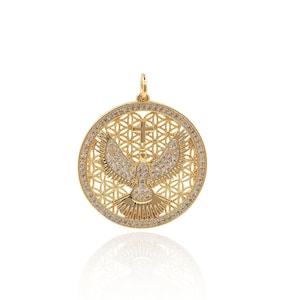 Round Eagle Charm, 18K Gold Filled Bird Necklace, Micropavé CZ Eagle Pendant, Wild Animals Pendant, DIY Jewelry Making Supplies,31*26*2mm
