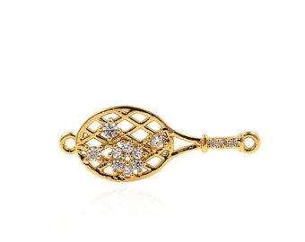 18K Gold Filled Tennis Racket Connector,Micropavé CZ Tennis Racket Jewelry,Tennis Charm,DIY Jewelry Bracelet Necklace Supplies, 9*23.8*2.5mm