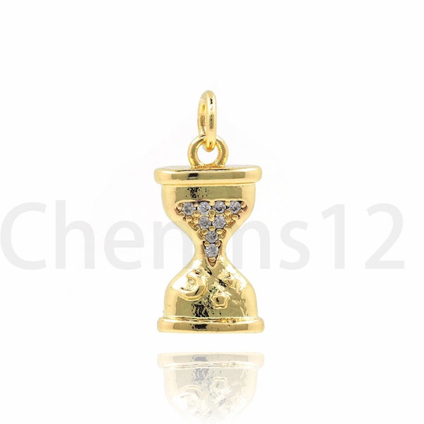 Hourglass Pendant, Micropavé CZ Time Charm, Countdown Charm, 18K Gold Filled Hourglass Necklace, DIY Jewelry Making Supplies,19x9x5mm