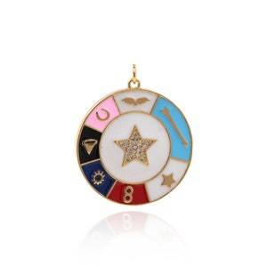 Pingente redondo preenchido com ouro 18K, pingente de estrela micropavé CZ, pingente de moeda esmaltada, pingente com padrão de vários elementos, fornecimento de joias DIY, 36x30x2,2mm