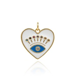 18K ゴールドフィルド ハートネックレス、マイクロパヴェ CZ イーブルアイペンダント、ハートアイペンダント、ラブチャーム、エナメルチャーム、DIY ジュエリー用品、22x20x2.3 mm