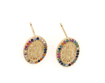Fashion Stud Earrings,18K Gold Filled Virgin Stud Earrings,Catholic Earring, DIY Jewelry Supplies,14.3x11x3mm