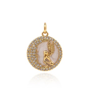 Round Enamel Moon Angel Pendant, 18K Gold Filled Round Pendant, Micropavé CZ Moon Pendant, DIY Jewelry Making Supplies, 21x16x2.5mm