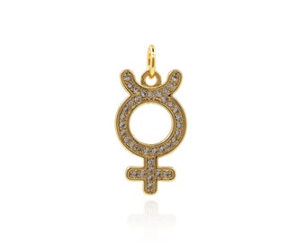 Colgante de símbolo femenino relleno de oro de 18 quilates, colgante de mercurio de micropavé CZ, colgante de símbolo de alquimia, suministros de joyería DIY, 22x10x1,5 mm