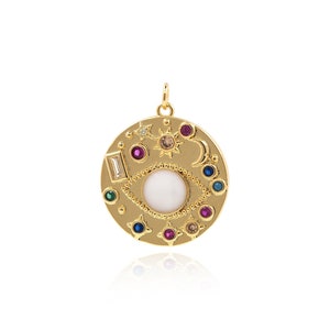 Round Evil Eye Moon Polaris Pendant, 18K Gold Filled Opal Pendant, Micropavé CZ Evil Eye Pendant, DIY Jewelry Making Supplies, 30x24x3mm