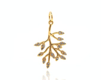 18K Gold Stuffed Olive Branch Necklace,Plant Pendant,Micropavé CZ Leaf Pendant,Branch Pendant,DIY Jewelry Supplies,25.6*14.6*2mm
