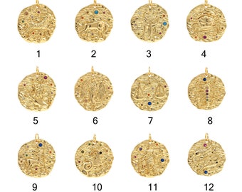Pingente de zodíaco em ouro 18K, pingente de signos do zodíaco, pingente de zodíaco, pingente redondo de zodíaco, pingente de disco de moeda, suprimentos para joias faça você mesmo, 21 x 24,5 x 2,5 mm