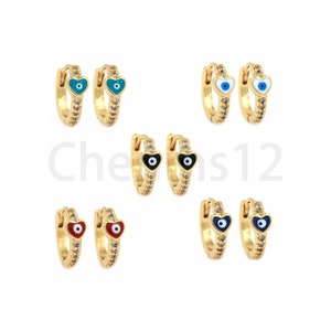 1 Pair, Heart Earrings, 18K Gold Filled Love Earrings, Micropavé CZ Evil Eye Earrings,Enamel Earrings,Dainty Earrings,Gift for Her,13x15x5mm