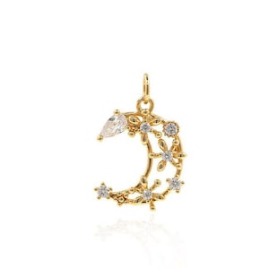 18K Gold Filled Moon Pendant, Openwork Moon Charm, Flower Pendant,, Micropavé CZ Crescent Pendant, DIY Jewelry Making Supplies, 15*21*4mm