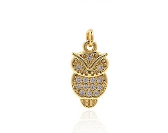 Colgante de búho, colgante de pájaro Micropavé CZ, collar de búho relleno de oro de 18 quilates, dije de búho, joyería animal, suministros de joyería DIY, 6,5*13*2mm