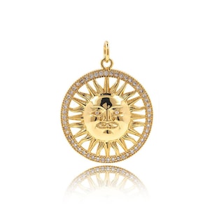 18K Gold Filled Sun Medal Charm, Sun Face Pendant, Micropavé CZ Sun Charm, Sun Necklace, Sunburst Pendant,DIY Jewelry Supplies, 30*39*3mm