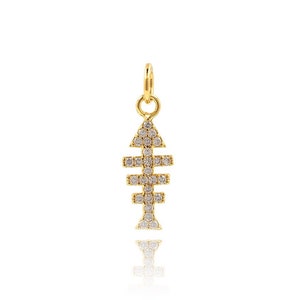 18K Gold Filled Fishbone Necklace,Fishbone Pendant,Micropavé CZ fish skeleton charm,Sea Life Pendant, DIY Jewelry Supplies, 6*20*1.5mm
