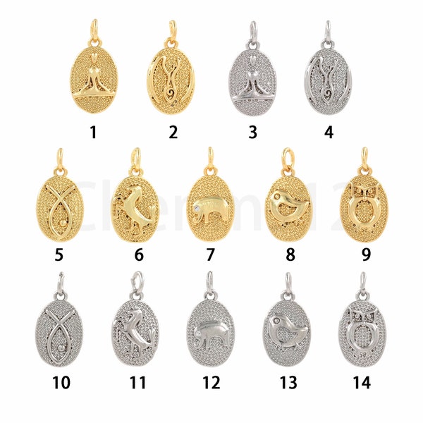 Oval Pendant, 18K Gold Filled Symbol Charm, Bird Pendant, Alien Charm, Elephant Charm, Owl Charm, DIY Jewelry Supplies, 10x19.5x2mm