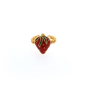 18 kt gold filled open ring, emaille aardbeiring, fruitring, verstelbare ring, aardbeibedel, stapelbare ringen, cadeaus voor haar