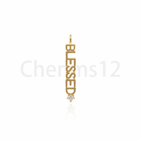 Blessed Pendant, Bar Charm, 18K Gold Filled Text Necklace, Micropavé CZ Blessed Charm, DIY Jewelry Supplies, 43x7x3.5mm