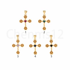 Flower Cross Pendant, Religious Charm, Micropavé CZ Christian Necklace, 18K Gold Filled Cross Charm, DIY Jewelry Supplies, 18.5x30.5x2.5mm