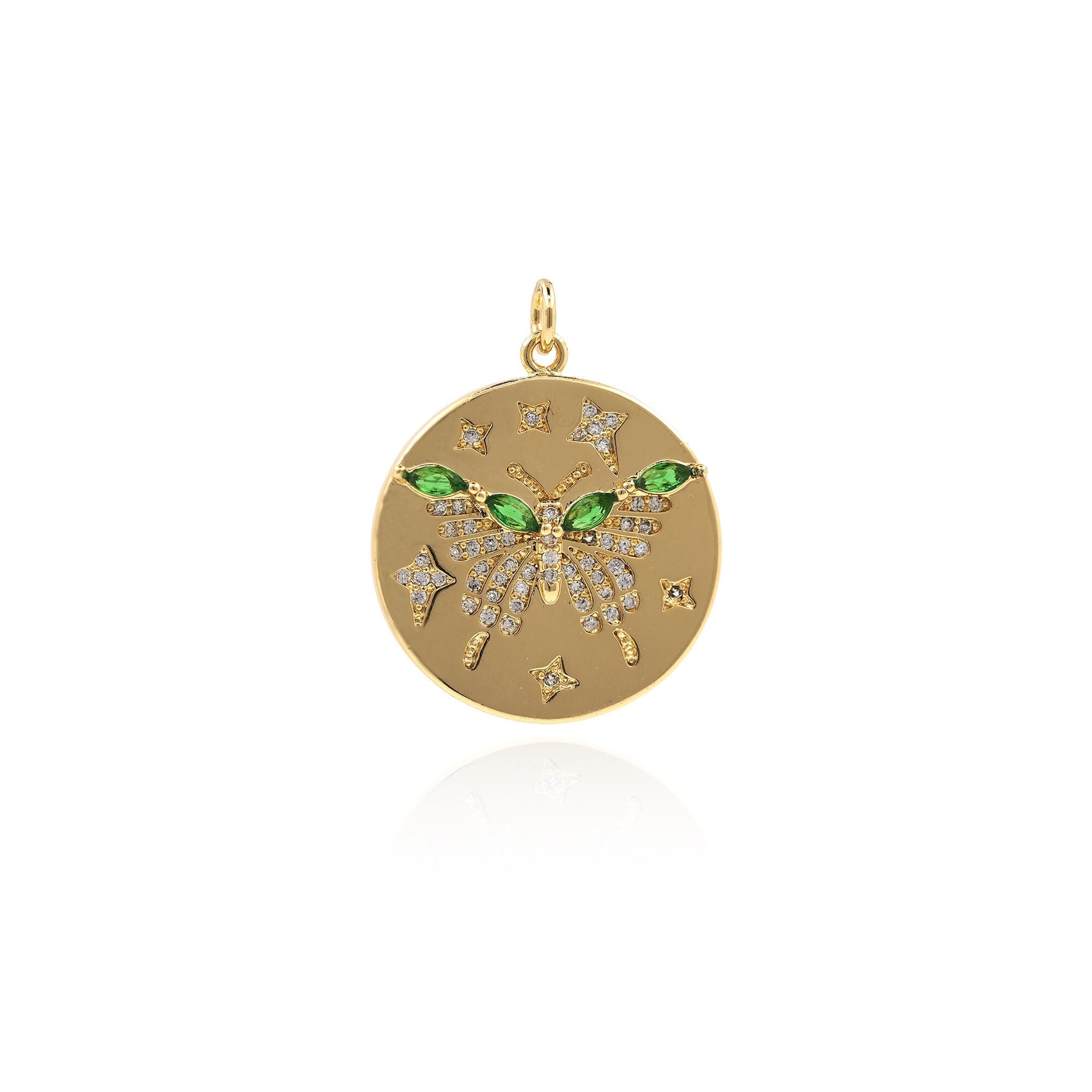 Round Butterfly Polaris Pendant, 18K Gold Filled Butterfly Pendant, Micropavé CZ Circle Pendant, DIY Jewelry Making Supplies, 30x24x3.5mm