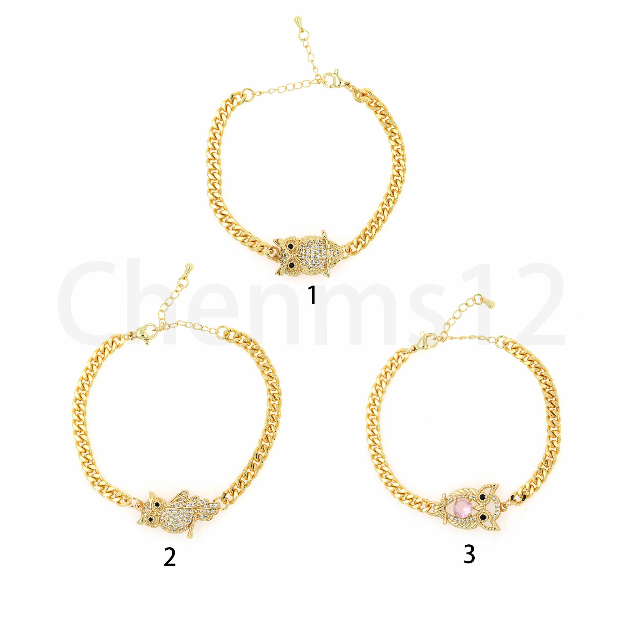 Gold Chunky Bracelet,Owl Bracelet, Micropav&eacute; CZ Animal Bracelet, Curb Chain Bracelet, 18K Gol