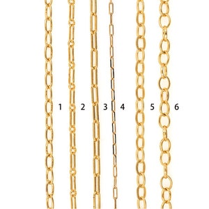 May include: Six different styles of gold chain necklaces. Each chain is shown hanging vertically, numbered 1 through 6.