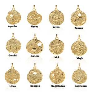 Wisiorek ze znakiem zodiaku wypełniony 18-karatowym złotem, Wisiorek ze znakiem zodiaku, Zawieszka ze znakiem zodiaku, Okrągły wisiorek ze znakiem zodiaku, Wisiorek z dyskiem monety, Materiały jubilerskie DIY, 38*29,6*2,1 mm